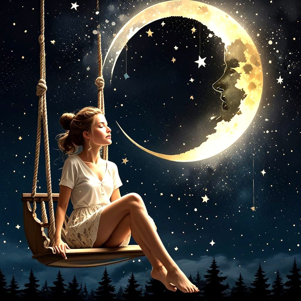 Woman on Swing in Starry Moon, Mixed Media