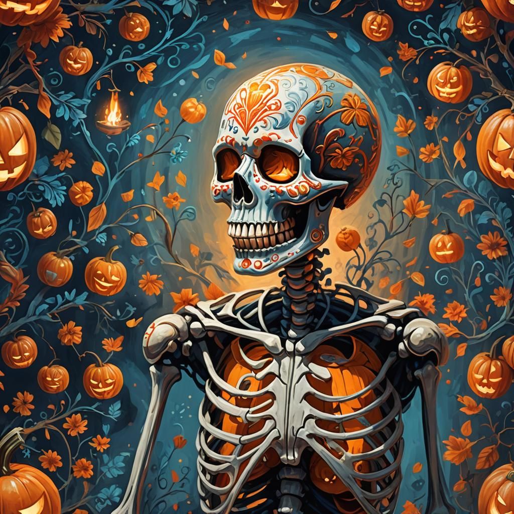 Dia De Los Muertos Skeleton with Jack-O-Lantern