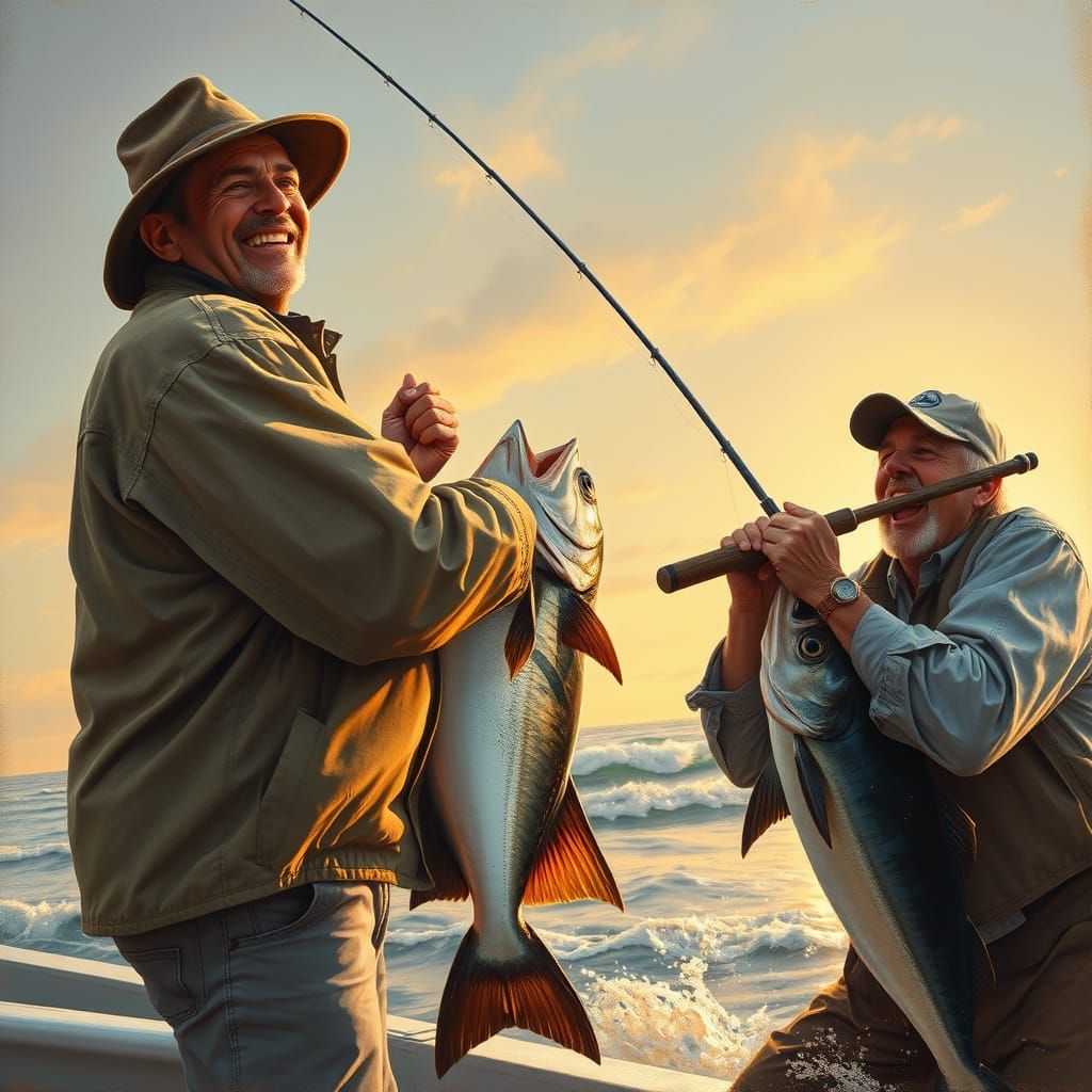 Fishermen Tussle with Massive Catch in Golden Coastal Evenin...