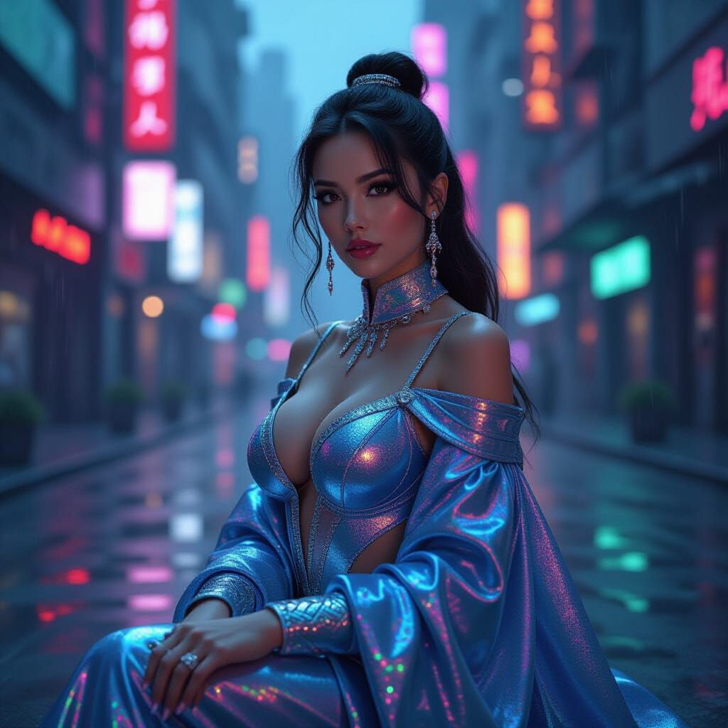 Cyberpunk Woman in Iridescent Attire, Matte Painting