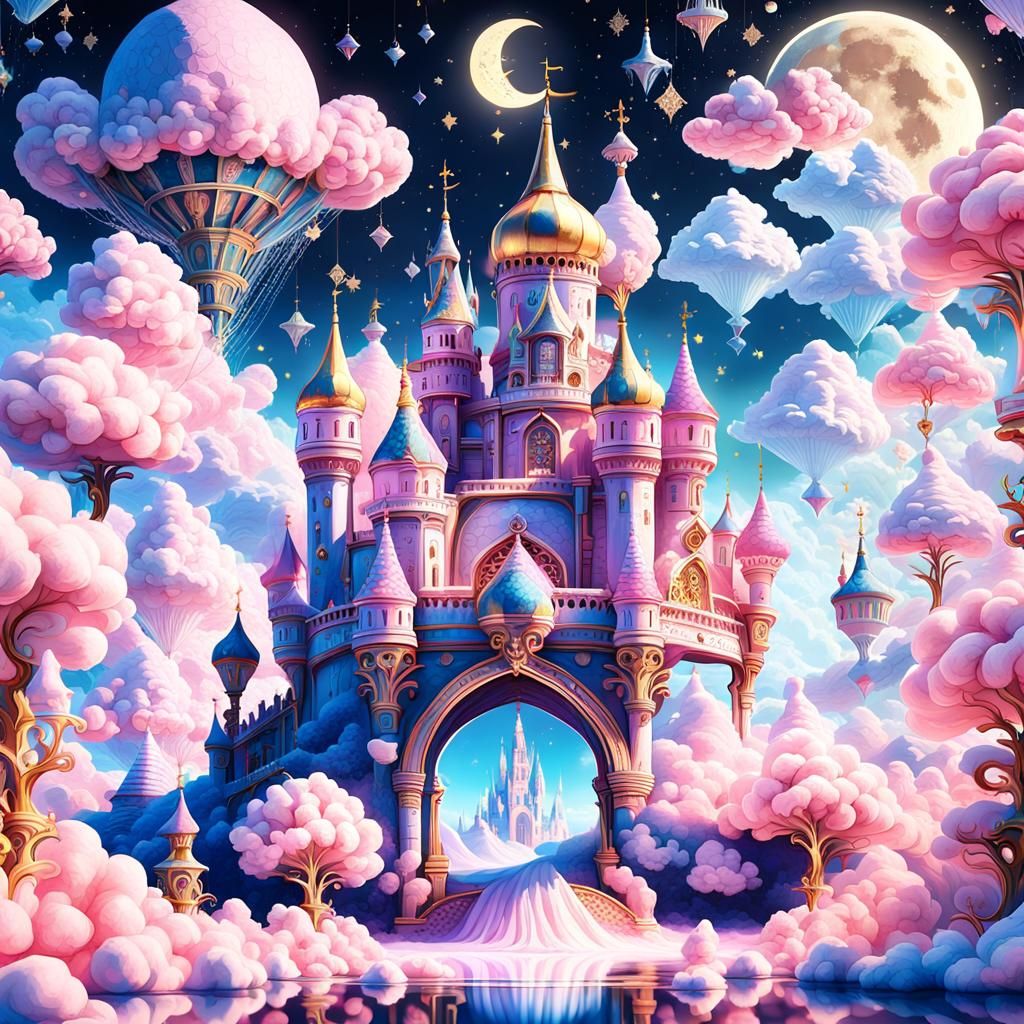 Cotton Candy Castle in Rococo Surrealist Style