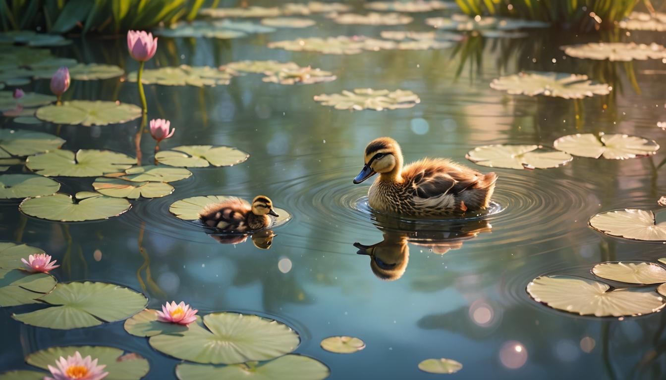 Shy Duckling in Pond as Impressionist Painting