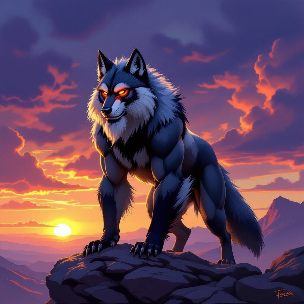 Hybrid Mandrill-Wolf Creature at Fiery Dawn