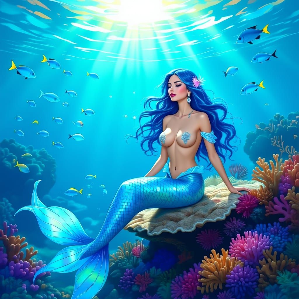 Mermaid Basking on Coral Reef in Digital Painting Style