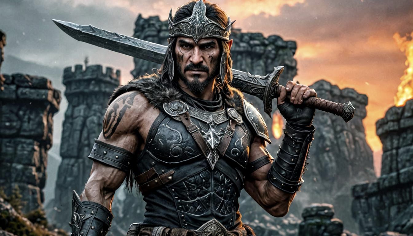 Gothic Elf Warrior in Medieval Ruins