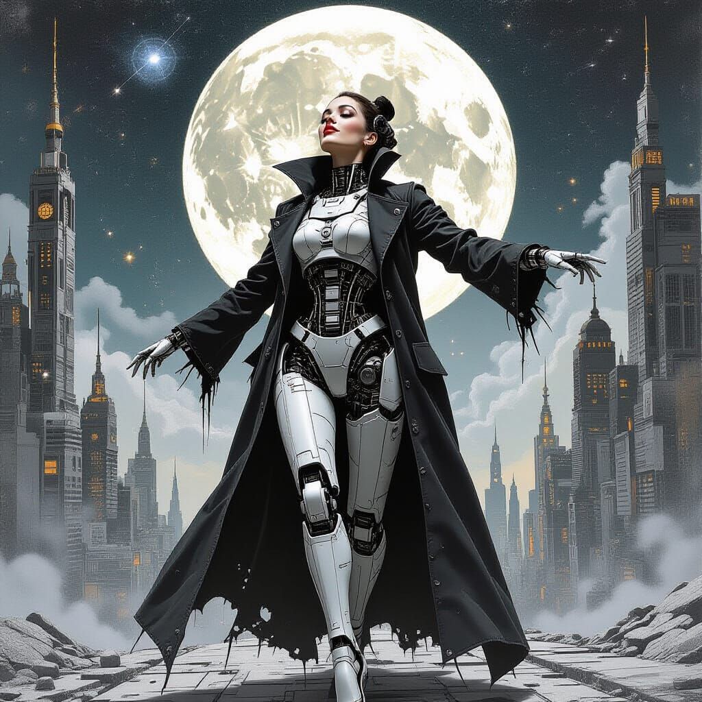 Android Ballerina in Gritty Cyberpunk City, Comic Book Style