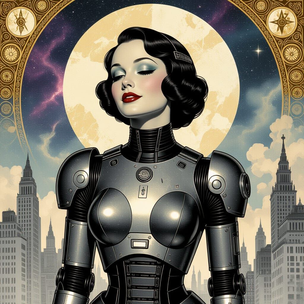 Sci-Fi Android in Metropolis: Pin-Up Art Style