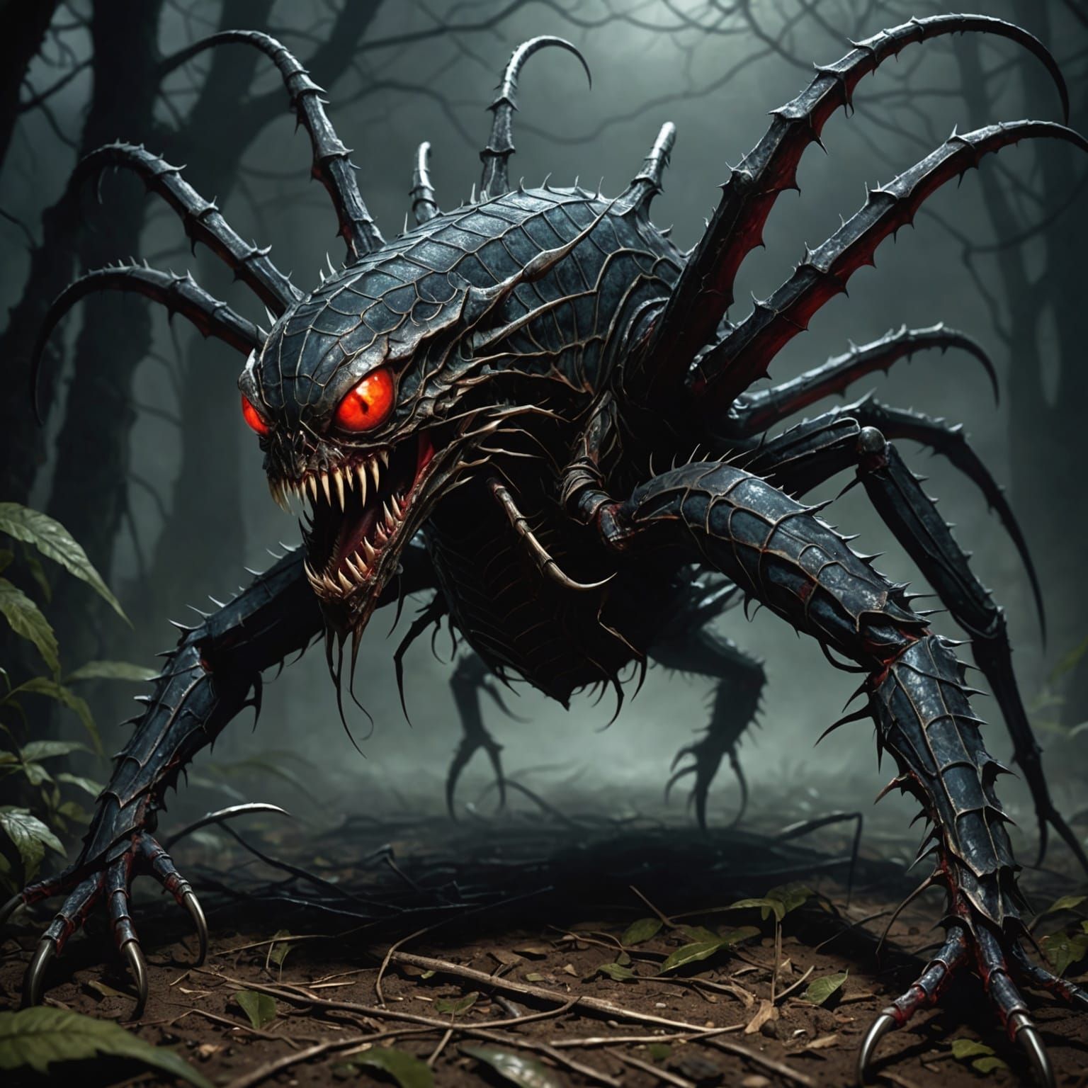 Terrifying Scaled Monster with Razor Claws in Dark Mist