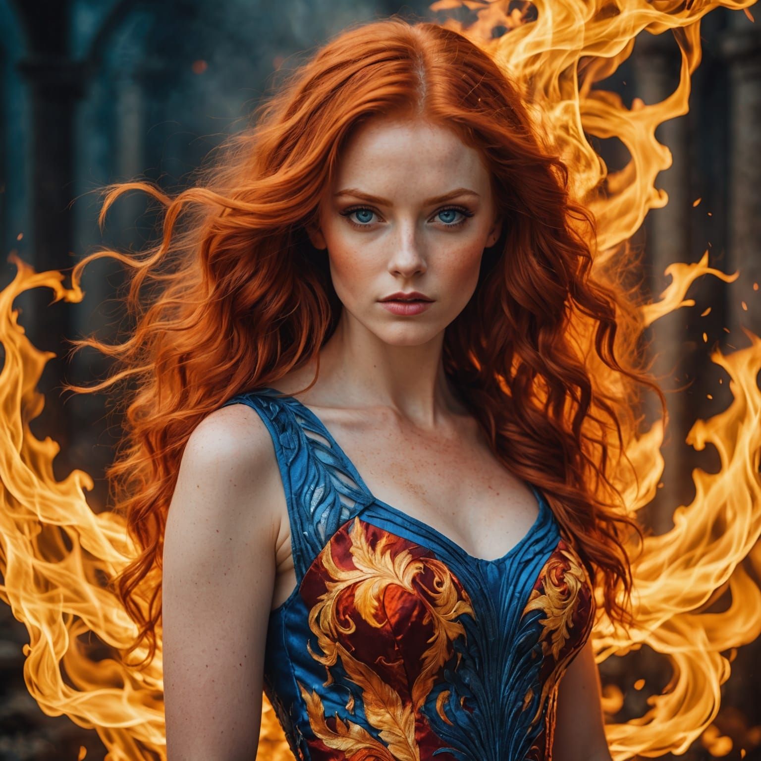 Ethereal Beauty: Woman with Fiery Red Hair in Flames