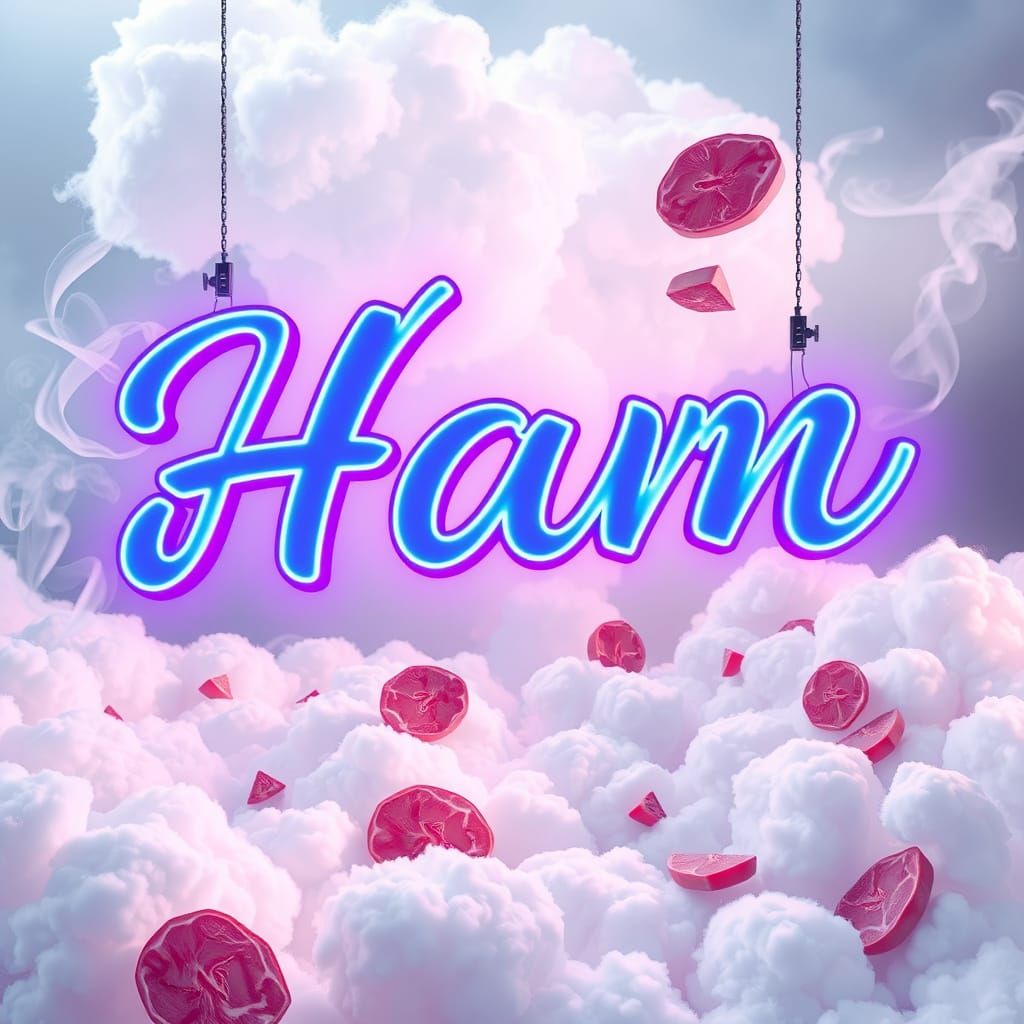 Majestic Neon Sign Amidst Whimsical Clouds and Savory Ham