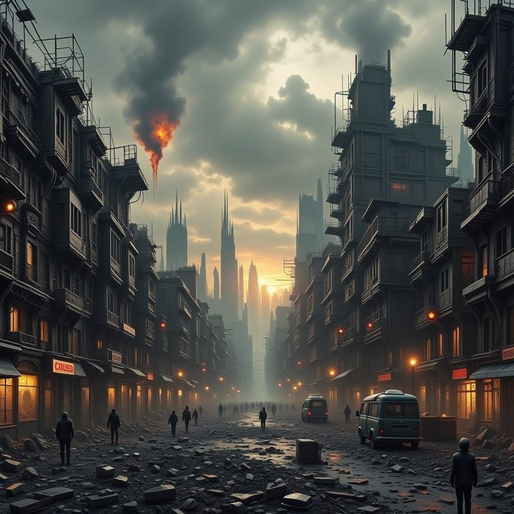 Dystopian City with Demolished Buildings and Poverty