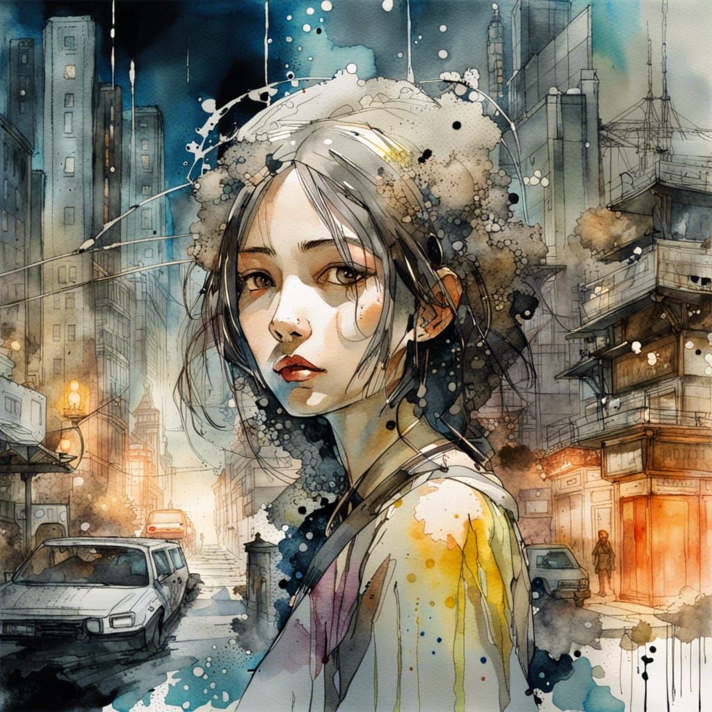 Radiant Lady in Enchanted City: Watercolor Manhwa Portrait