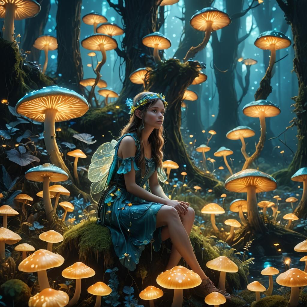 Enchanted Fairy on Bioluminescent Mushroom, Digital Art