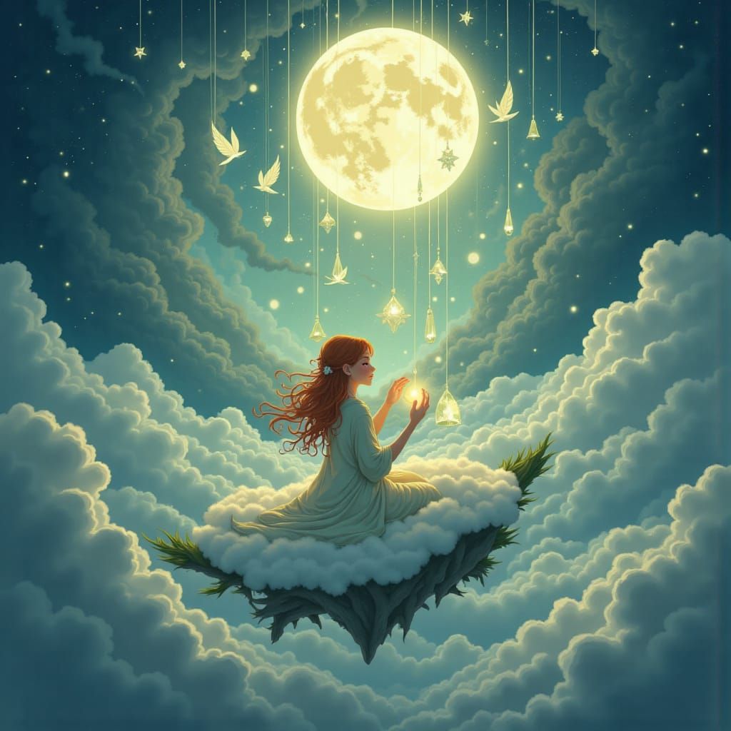 Young Woman Weaving Moon Threads on Cloud