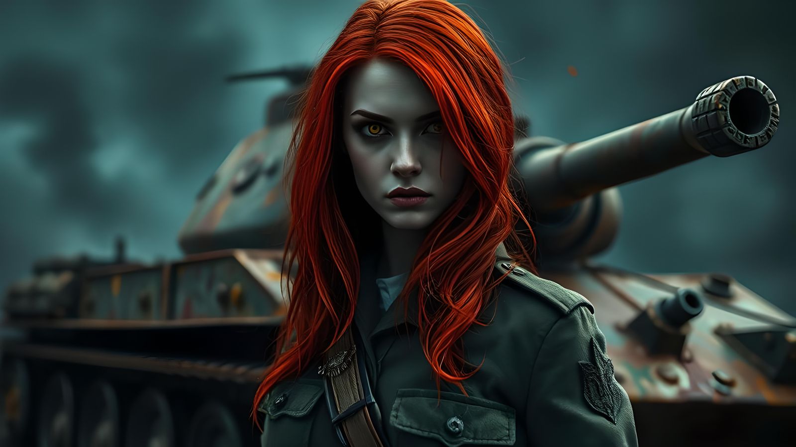 Haunting Red-Haired Woman with Tank on Halloween