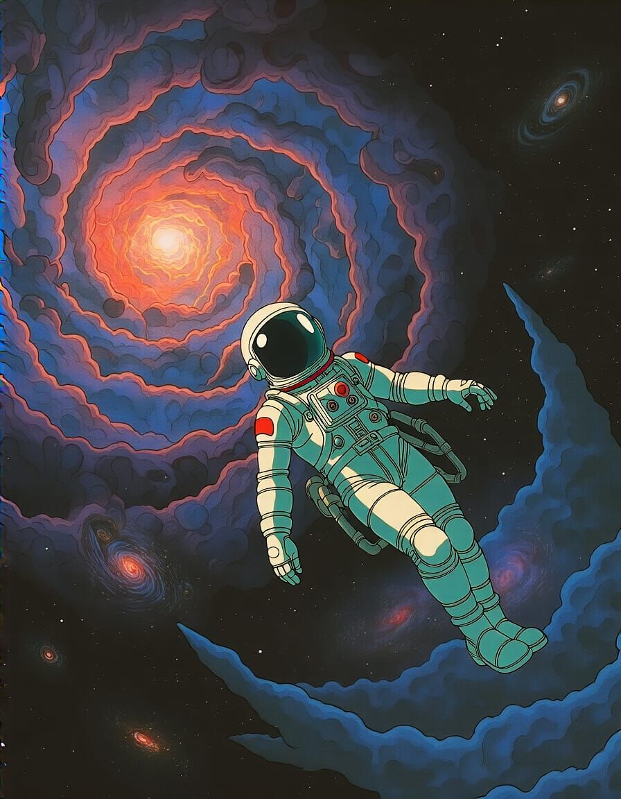 Lone Spaceman Adrift in Cosmic Nebula Anime Style