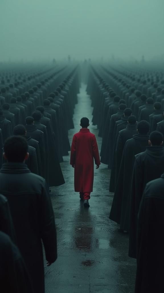 Boy in Red Defies Crowd, Dark Futuristic Art