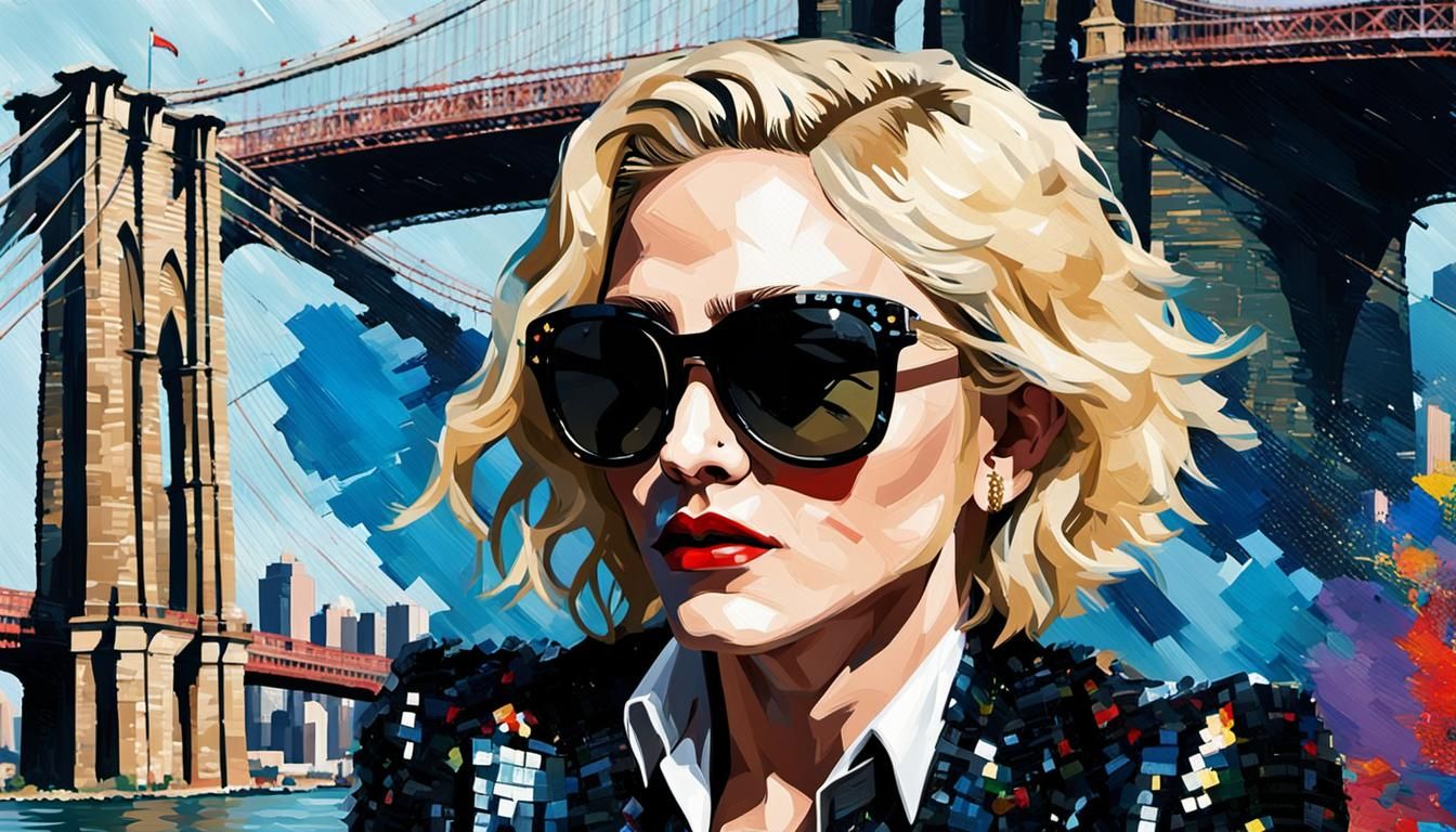 Madonna as Oil Painting With Brooklyn Bridge