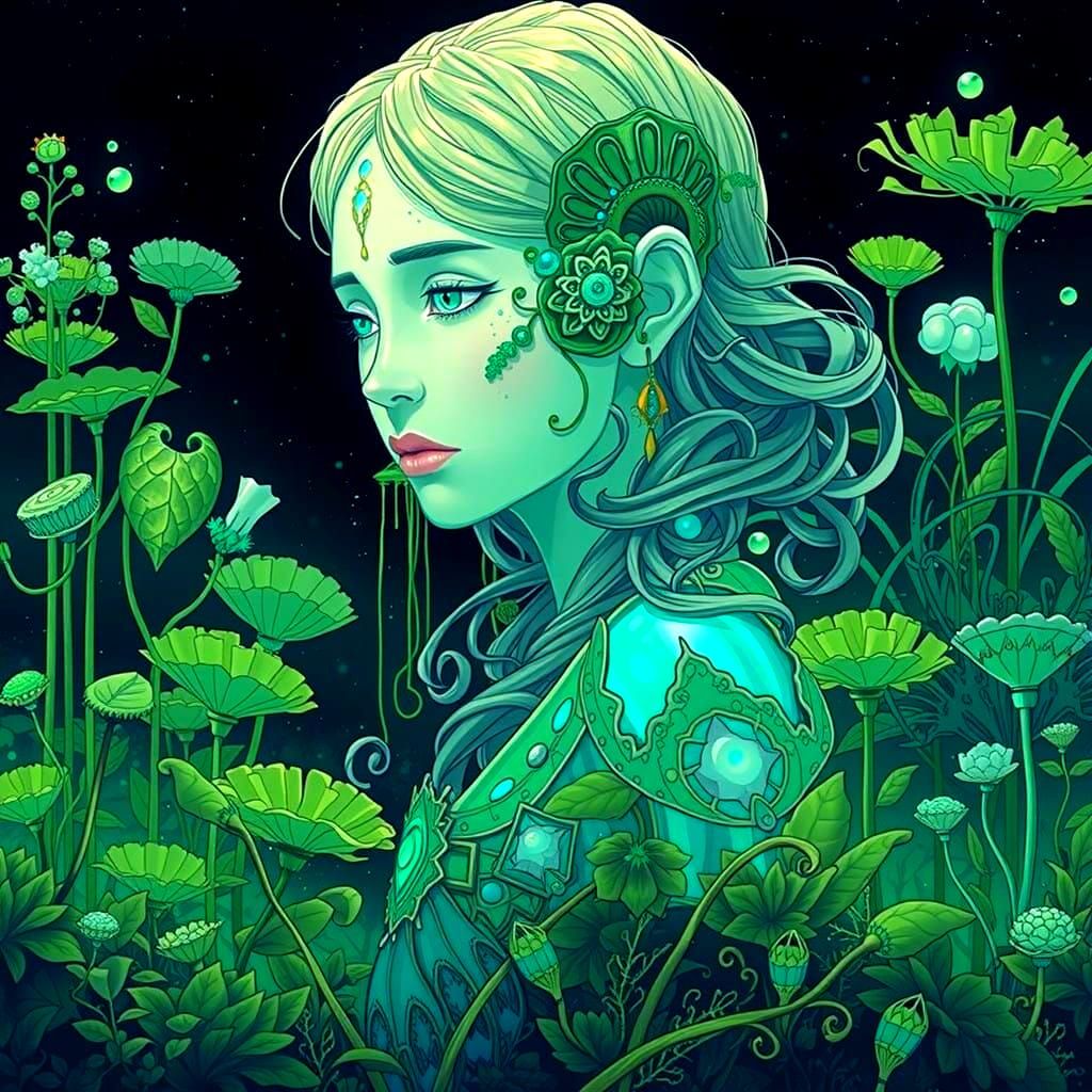 Ethereal Verdant Goddess Illuminates Lush Landscape