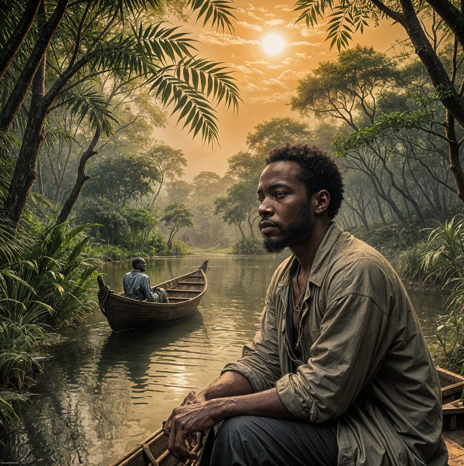 Contemplative Man on Misty River: Baroque Oil Painting