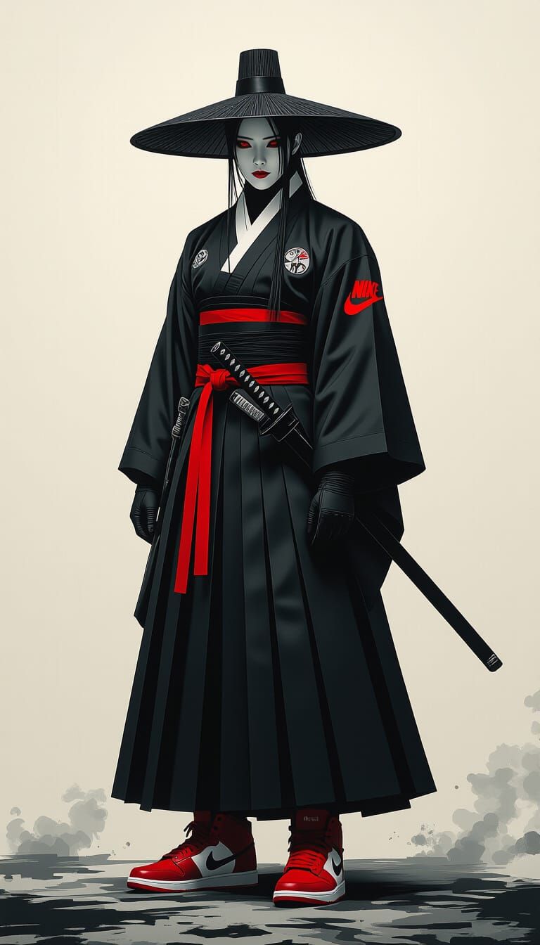 Modern Korean Grim Reaper in Black Hanbok with Red Sneakers