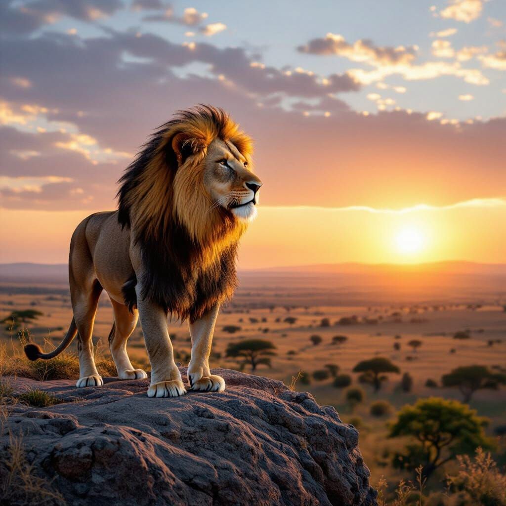Lion Overlooking African Savanna in Hyperrealistic Style