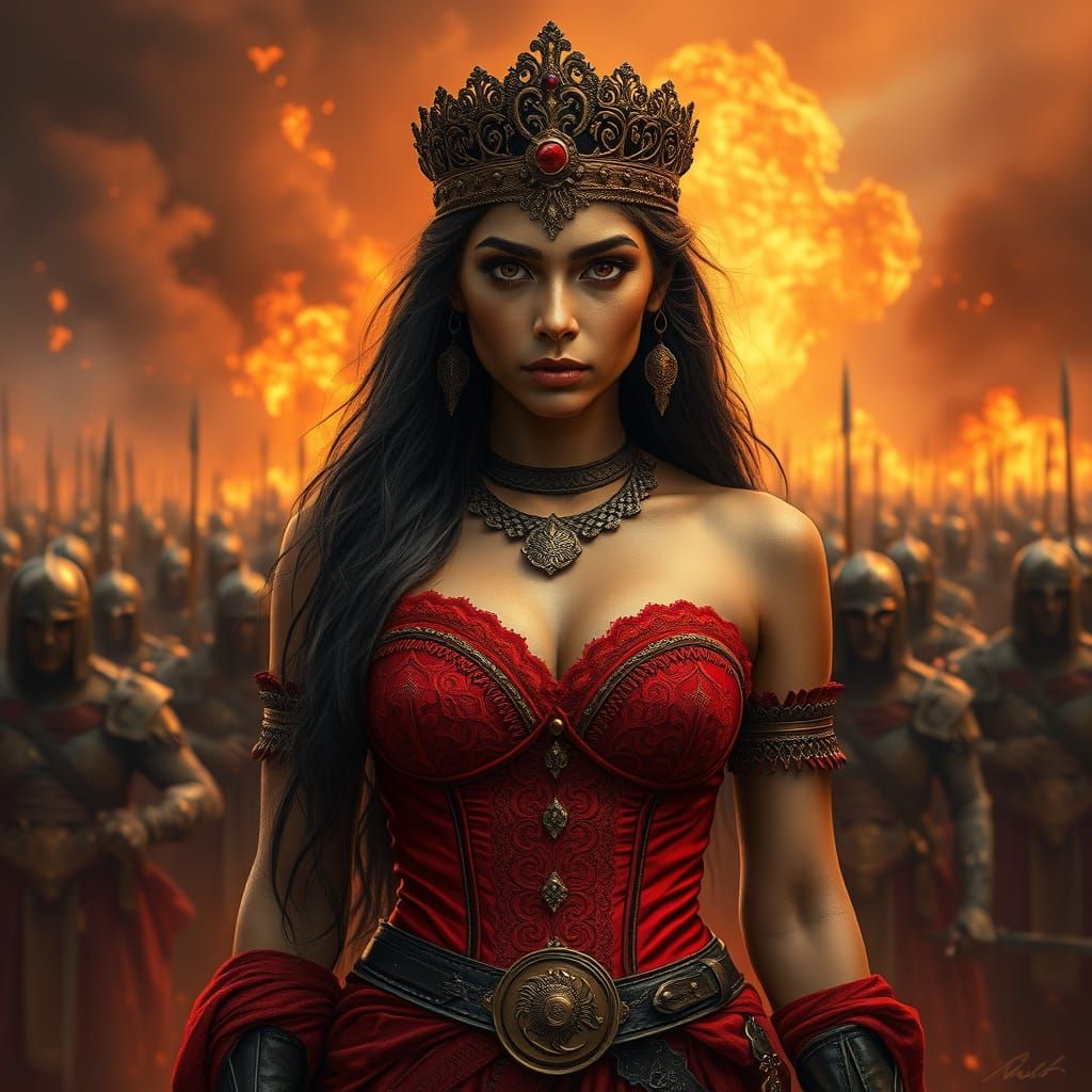 Cyberpunk Indian Queen Reigns Supreme in a Fiery Battlefield