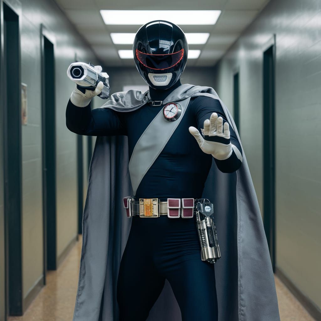 Stoic Superhero in Epic Black Suit