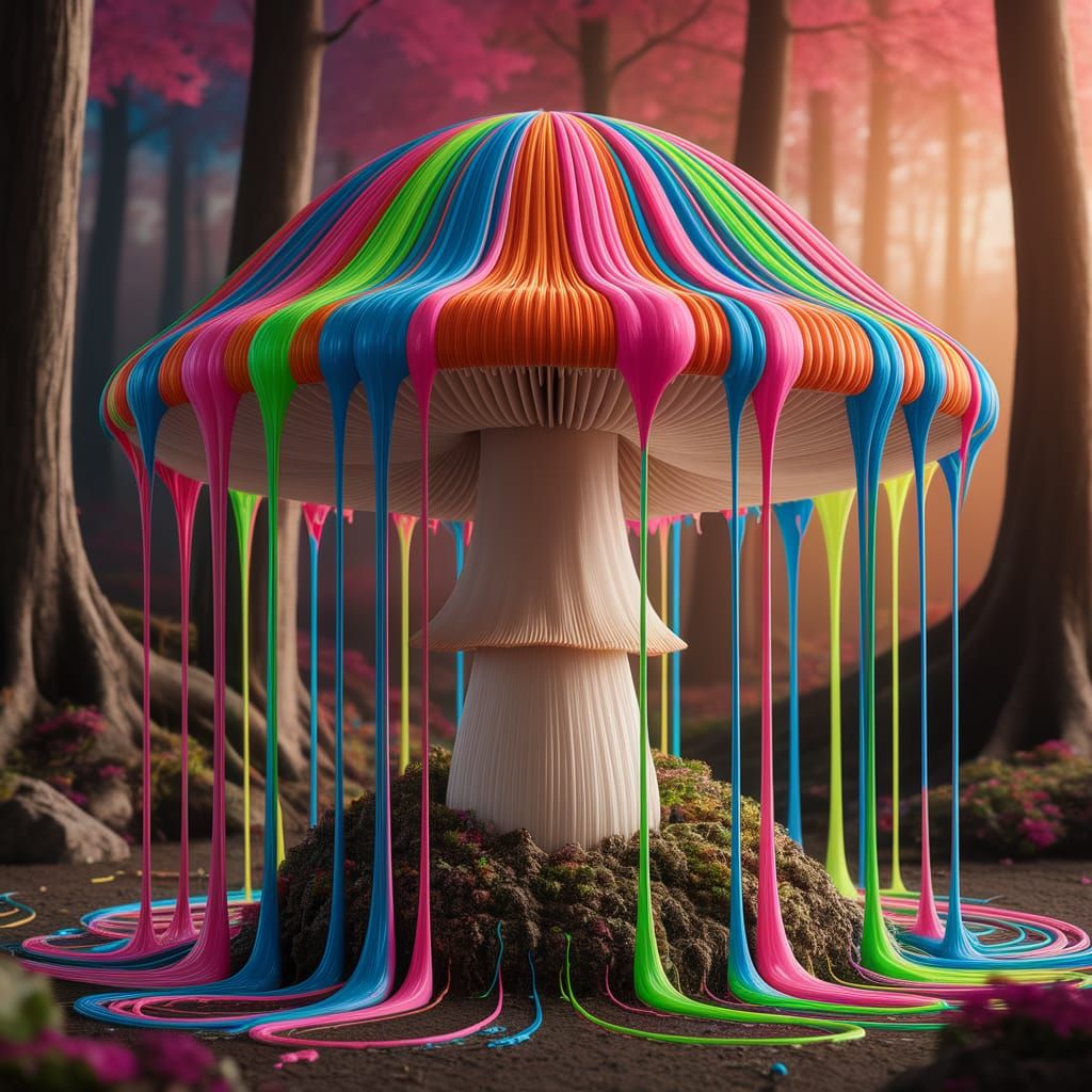 Colossal Mushroom in Surreal Forest with Neon Paint