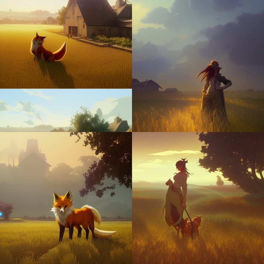 Anime Demon Fox Working on Wheat Farmland