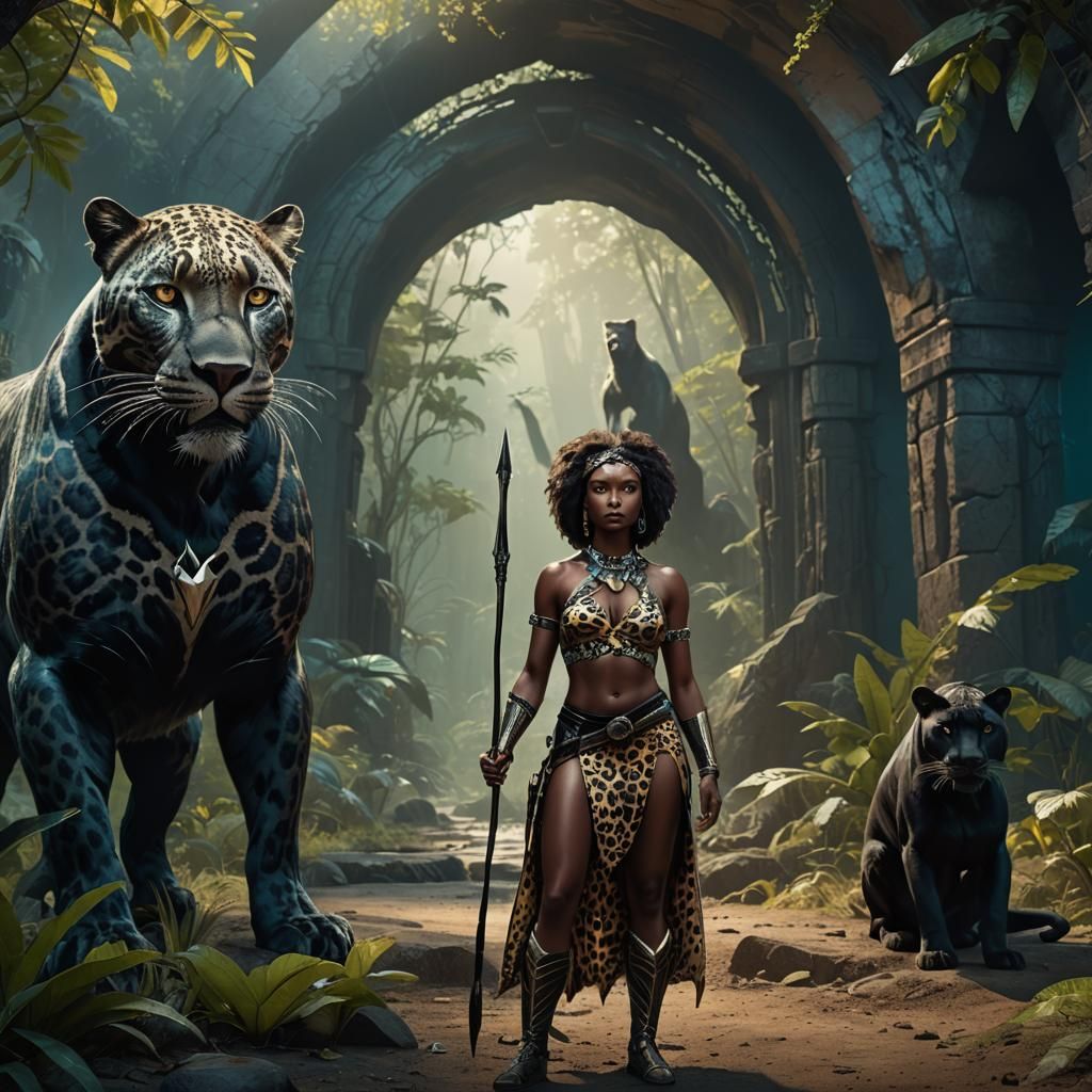 Melanated Woman and Panther in Bioluminescent Tunnel