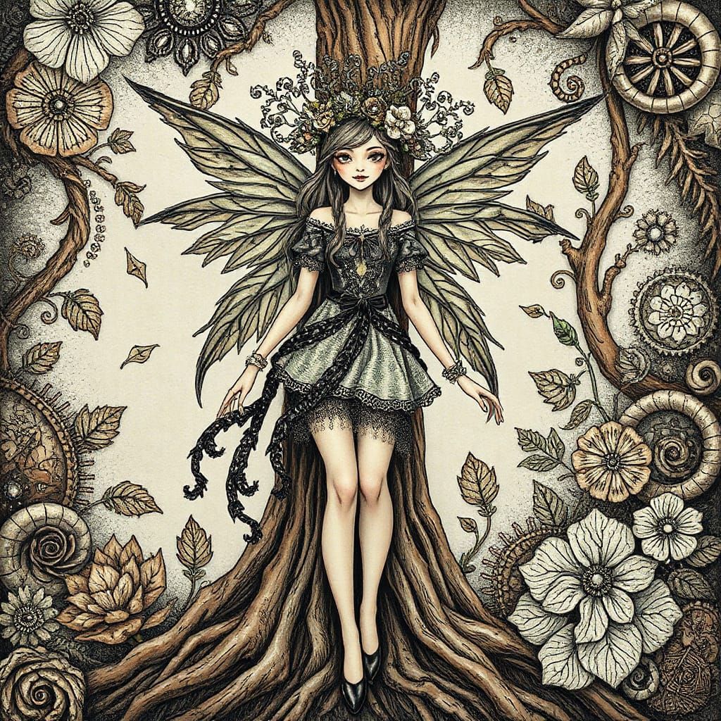 Whimsical Wood Fairy in Elegant Zentangle Attire