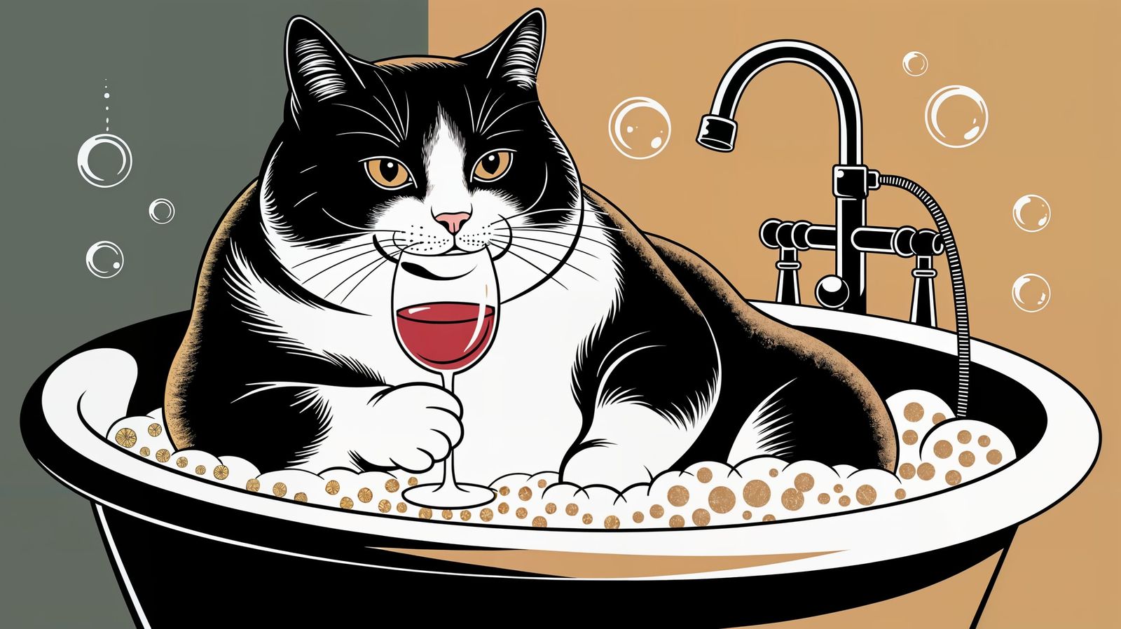 Cat Sipping Wine in Bubble Bath, Abstract Art