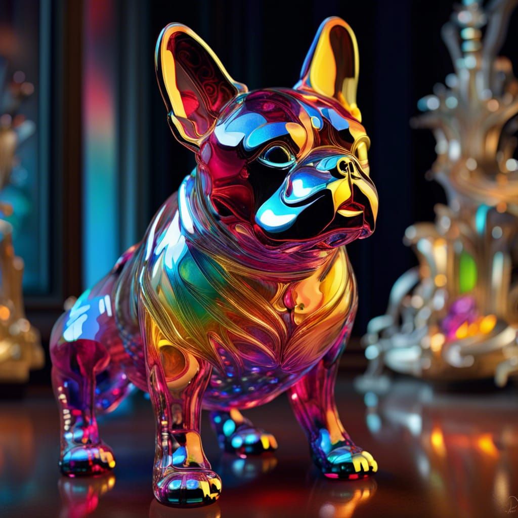 Glowing Crystal French Bulldog Sculpture in Rococo Style
