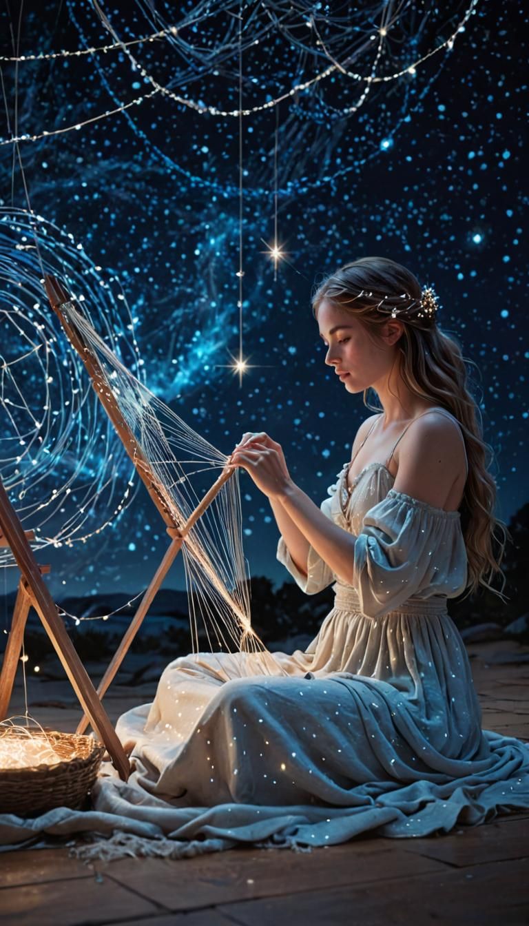 Girl Weaving Starlight Tapestries: Celestial Concept Art