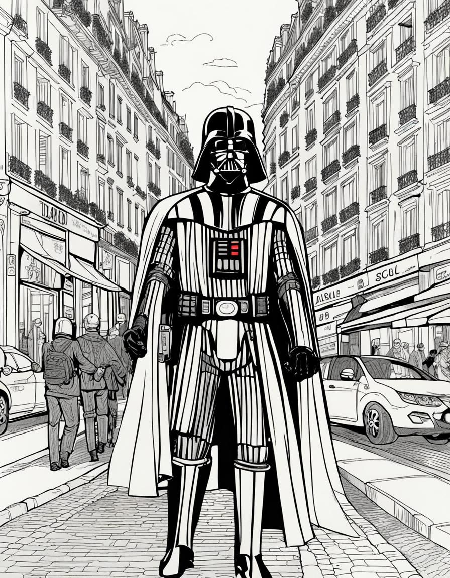 Darth Vader in Paris Coloring Book Style