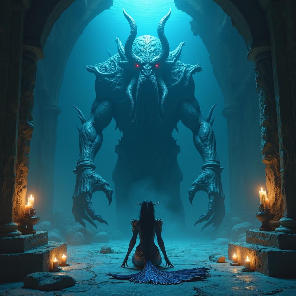 Aquatic Demon Princess Kneeling Before Cthulhu Statue