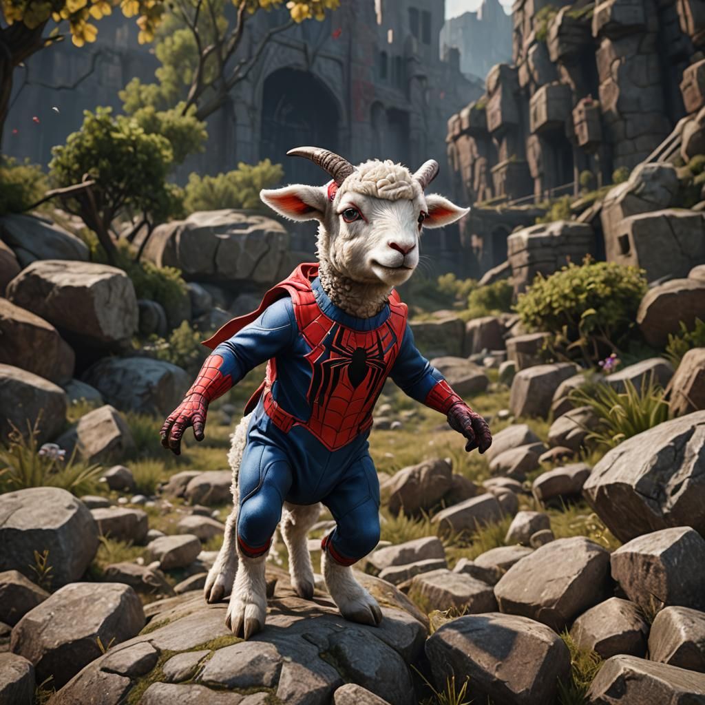 Lamb Dressed as Spiderman: Detailed Matte Painting