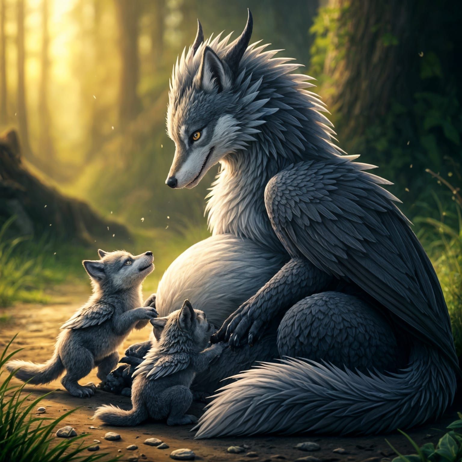 Grey Wolf Dragon Mother with Pups