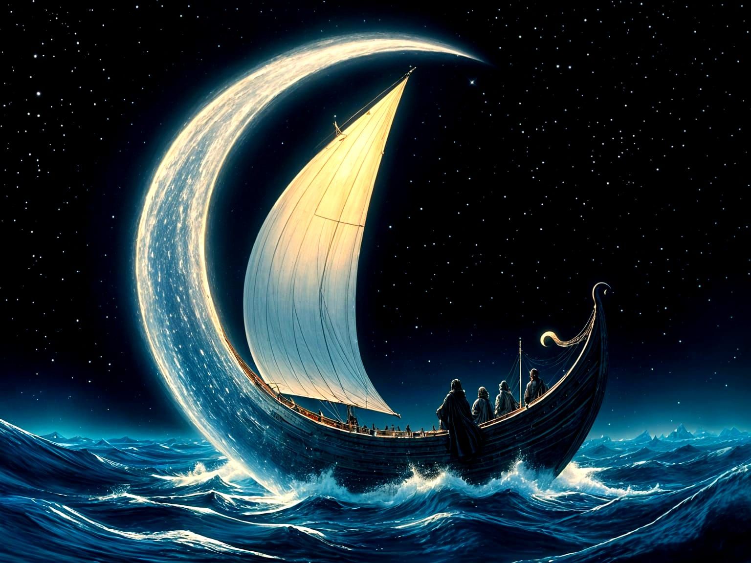 Crescent Ship Sails Through Starry Dreamscape