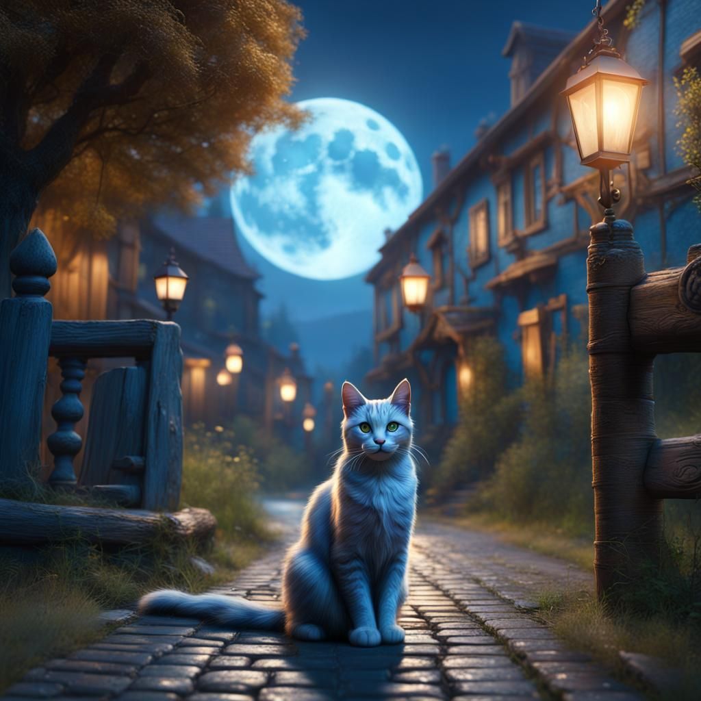 Blue Moon Cat in Detailed Fantasy Landscape