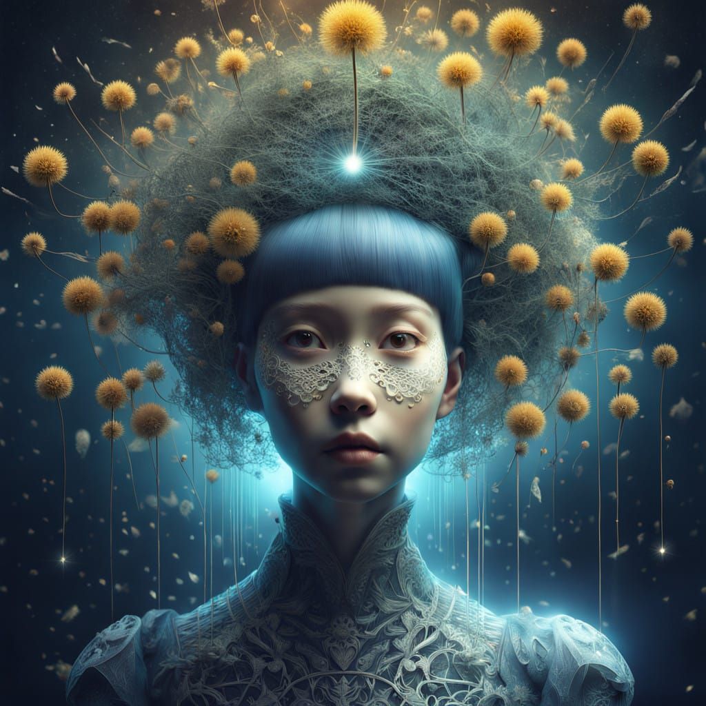 Surreal Dandelion Goddess in Celestial Landscape