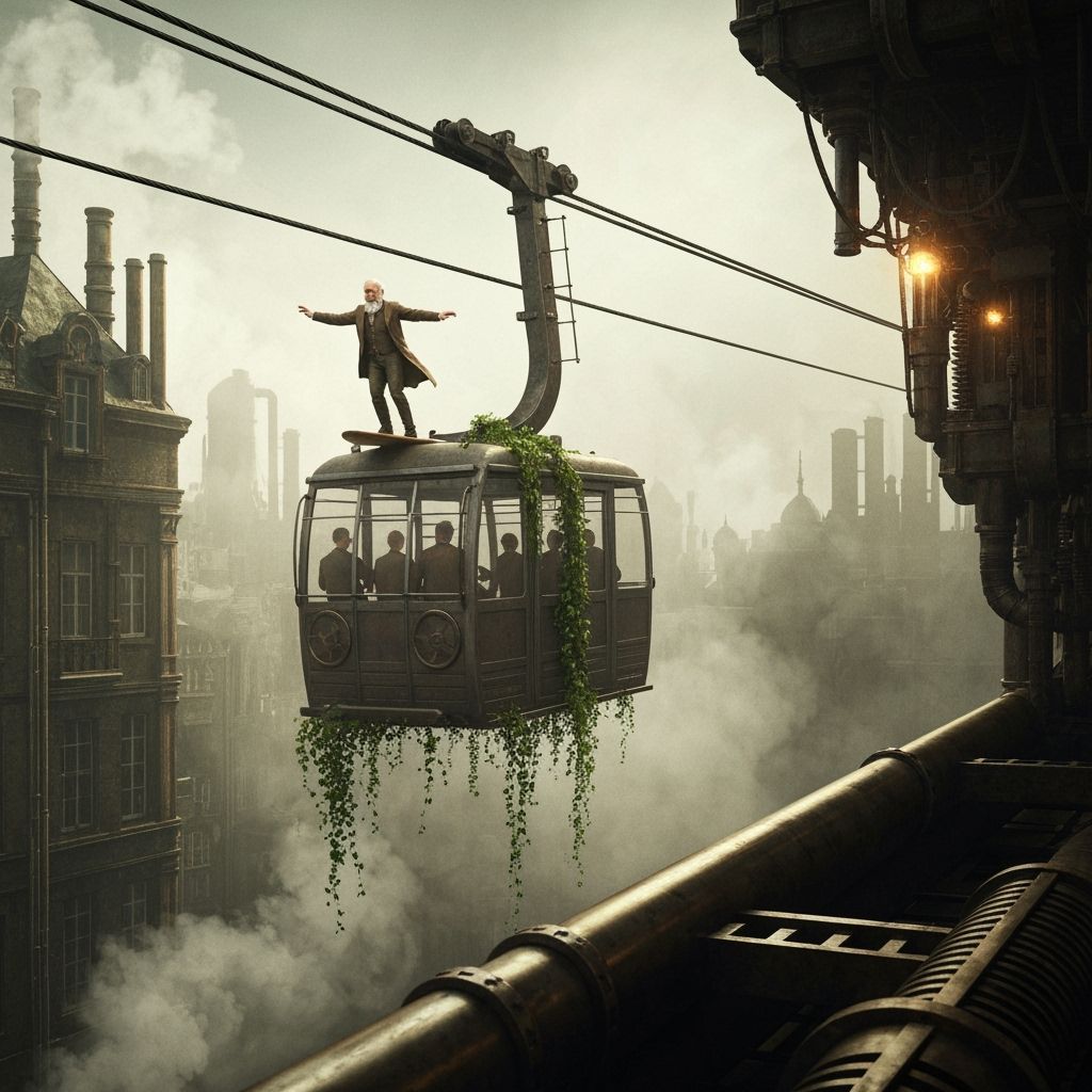 Steampunk Surfer Rides a Cable Car in Victorian City