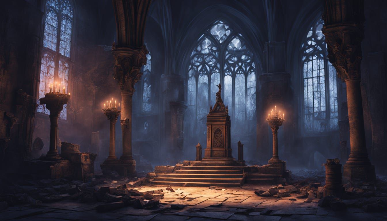 Mysterious Grimoire in Ruined Gothic Library