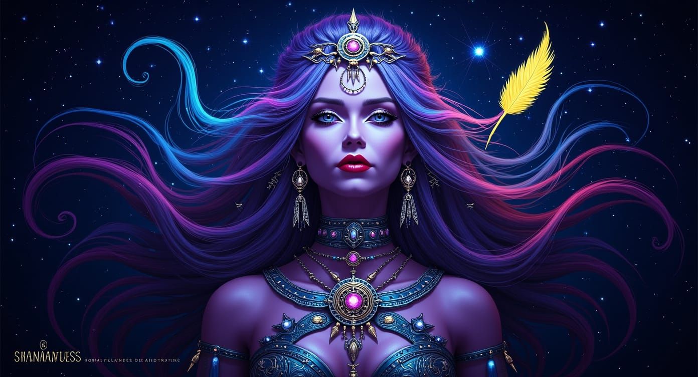 Cosmic Shamaness Amidst Stars and Smoke Hair