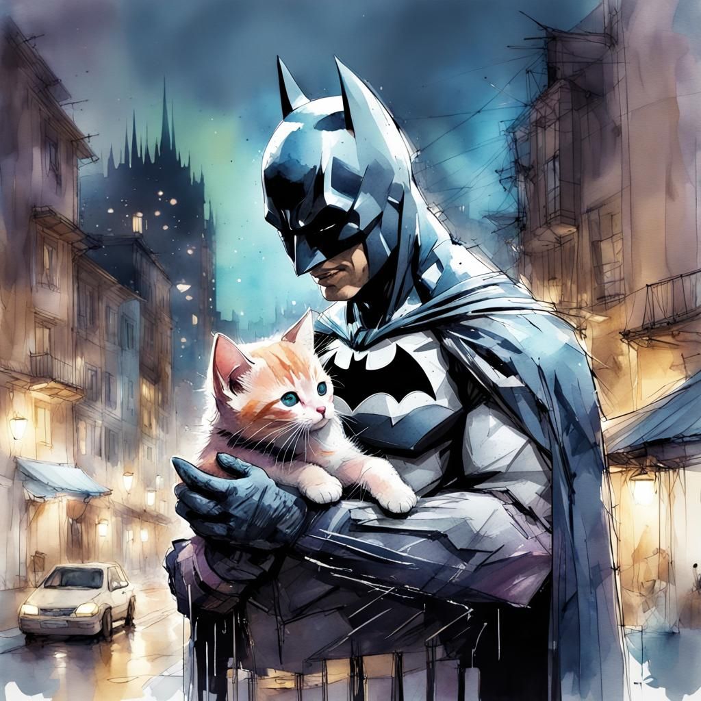 Batman and Kitten in Digital Watercolor Cityscape