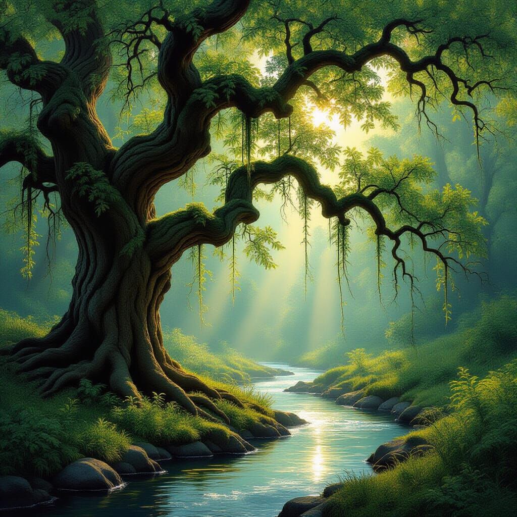 Ancient Oak by Stream in Romantic Style