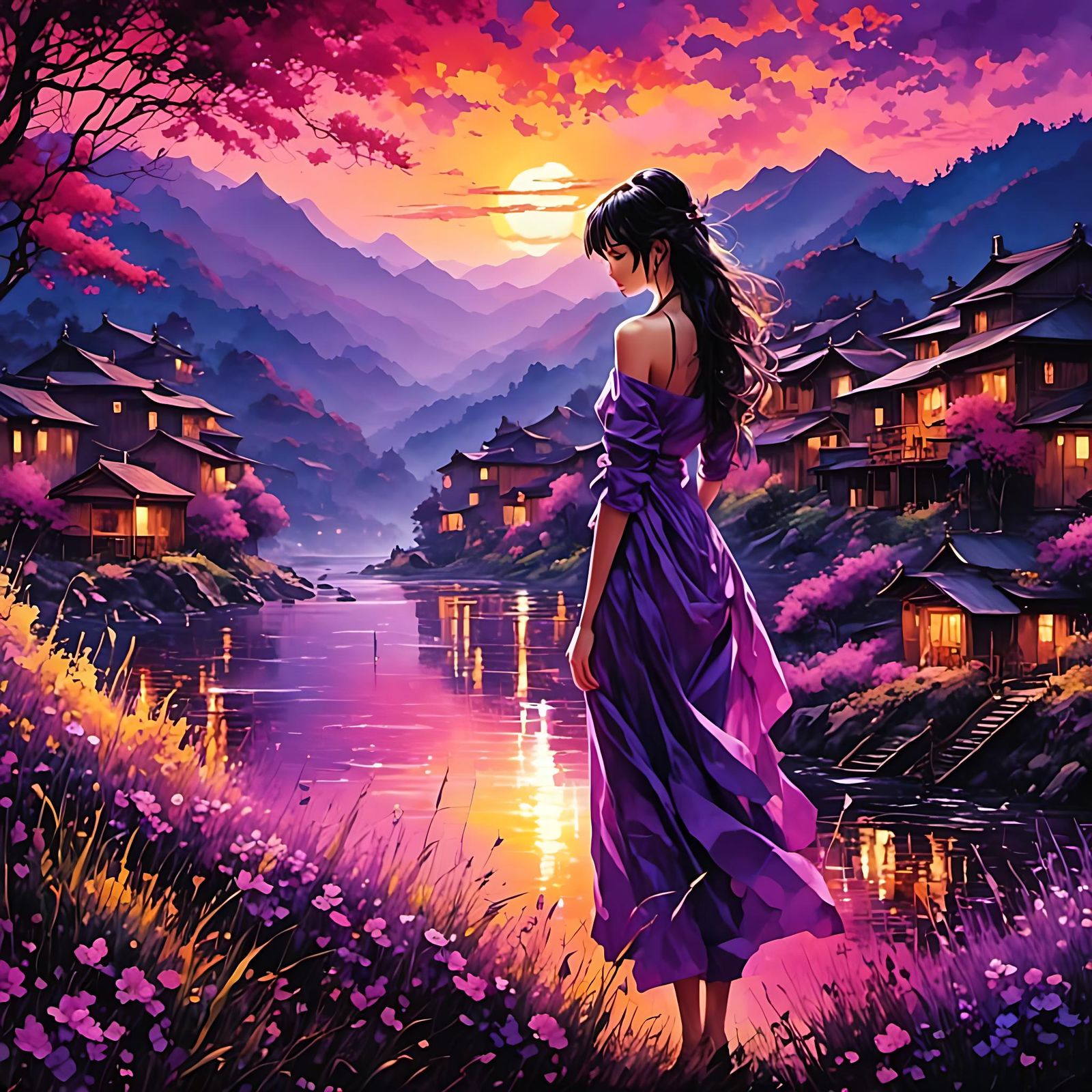 Neon Sunset in Anime Manga Style