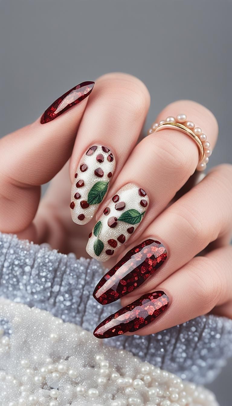 Red Nails with Glitter and Pearls in Digital Art