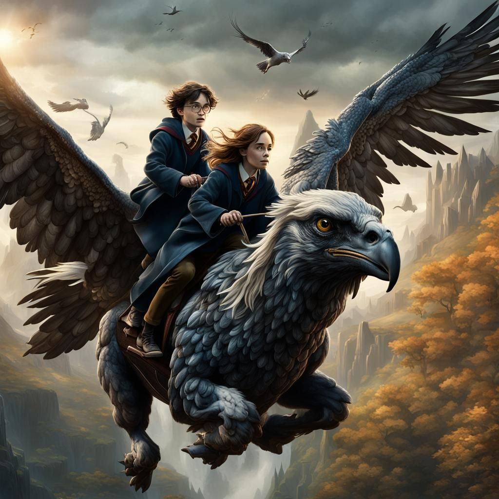 Harry Potter and Hermione Ride Buckbeak